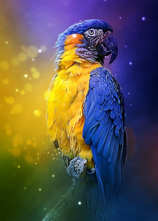 a colorful bird sitting on top of a tree branch, an airbrush painting, inspired by Charles Bird King, trending on pixabay, art photography, blue and yellow color scheme, parrot, beautiful iphone wallpaper, full of colour 8-w 1024