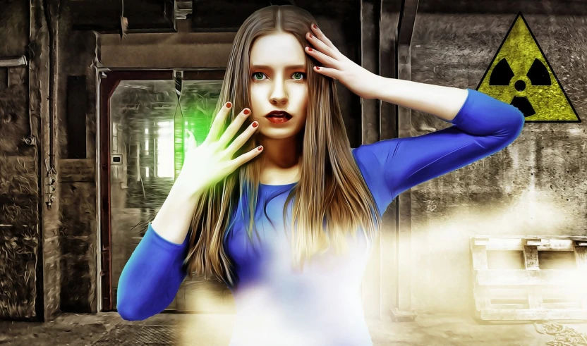 a woman in a blue dress holding her hands to her face, an airbrush painting, digital art, in a space horror setting, long blonde hair and blue eyes, colorized photon, unnerving mist