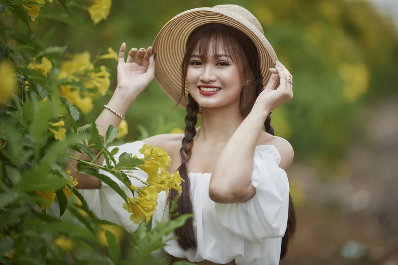 a woman in a straw hat posing for a picture, a picture, inspired by Tan Ting-pho, smiling girl, with yellow flowers around it, beautiful asian girl, high res