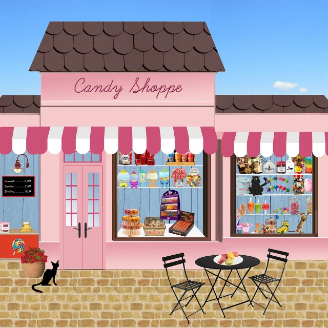 a candy shop with a cat sitting in front of it, a digital rendering, (pink colors), cuisine, outside, birthday