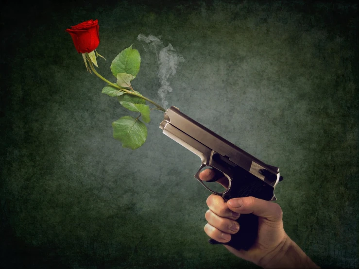 a person holding a gun with a flower coming out of it, romanticism, photo of a rose, hero shot, added detail, full shot photo