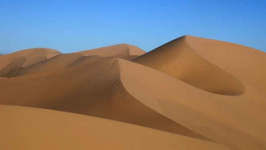 a group of sand dunes in the desert, a picture, by Andrei Kolkoutine, flickr, smooth curvatures, ruanjia, cloudless sky, higly intricate