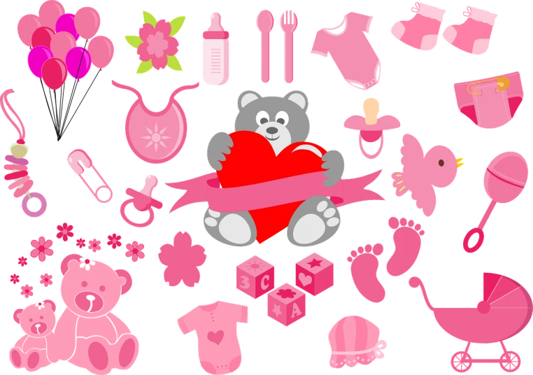 a teddy bear holding a heart surrounded by baby items, vector art, tumblr, symbolism, neon pink and black color scheme, lots of pictures, banner, pregnancy