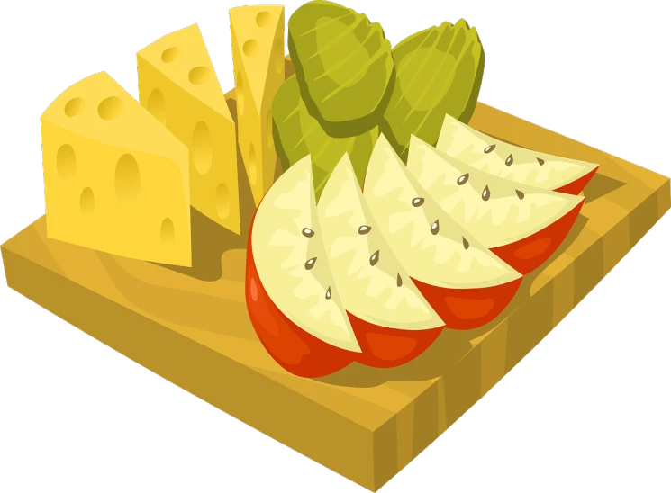 a wooden cutting board topped with sliced artichokes and cheese, inspired by Masamitsu Ōta, pixabay, digital art, game icon asset, with apple, wikihow illustration, salad