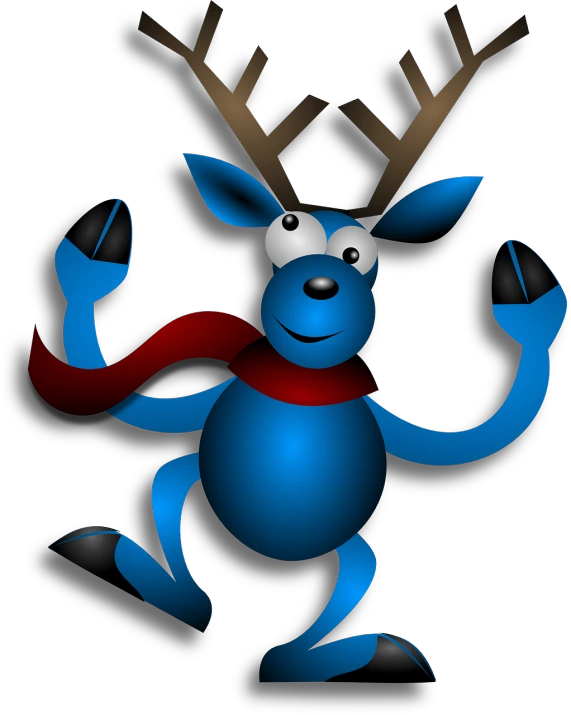 a blue reindeer with antlers and a red scarf, a raytraced image, inspired by Rudolph F. Ingerle, reddit, digital art, with arms up, dark!!!, ant humanoid, in teh style of tony start