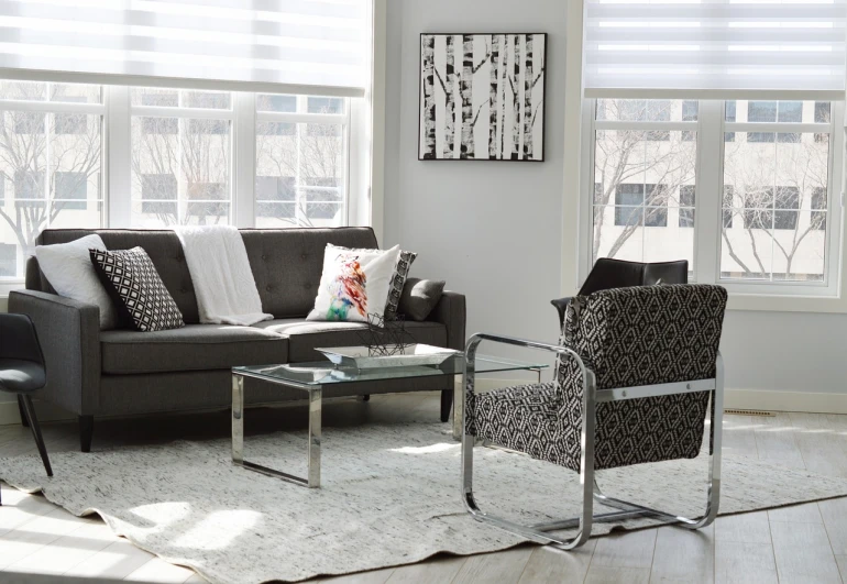 a living room filled with furniture and windows, a portrait, inspired by Bauhaus, pexels, minimalism, silver hues, black armchair, old couch, modern photo