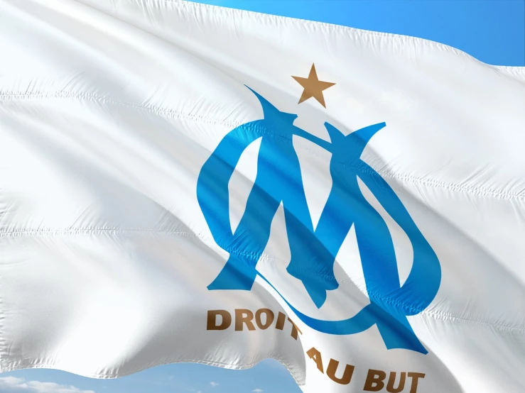 a blue and white flag flying in the wind, a digital rendering, by Etienne Delessert, football, cannes, omg, aum