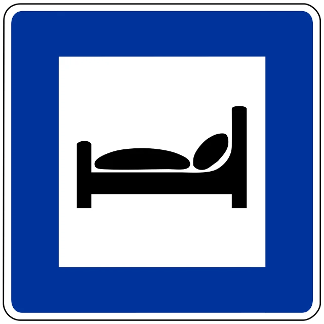 a blue and white sign with a picture of a bed, a stock photo, by Josef Jackerson, pixabay, bauhaus, highways, maximum detail, pictogram, : :
