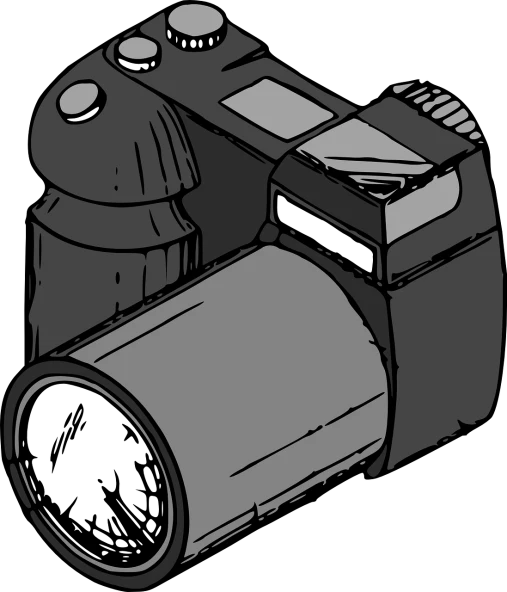 a black and white photo of a camera, pixabay, digital art, black backround. inkscape, colored screentone, olympus, cartoon shading