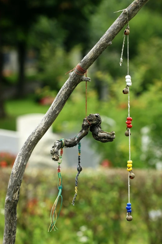 a tree branch with a bunch of beads hanging from it, an abstract sculpture, flickr, grave, wooden staff, set photo, side-view