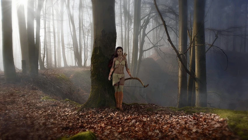 a woman standing next to a tree with a bow, pixabay contest winner, fantasy art, hunter alone in the wilderness, salma hayek as a barbarian, lori earley, bow and arrow