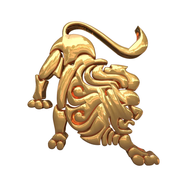 a gold figurine of a lion on a black background, a digital rendering, digital art, mayan, sports mascot, cartier style, unknown zodiac sign