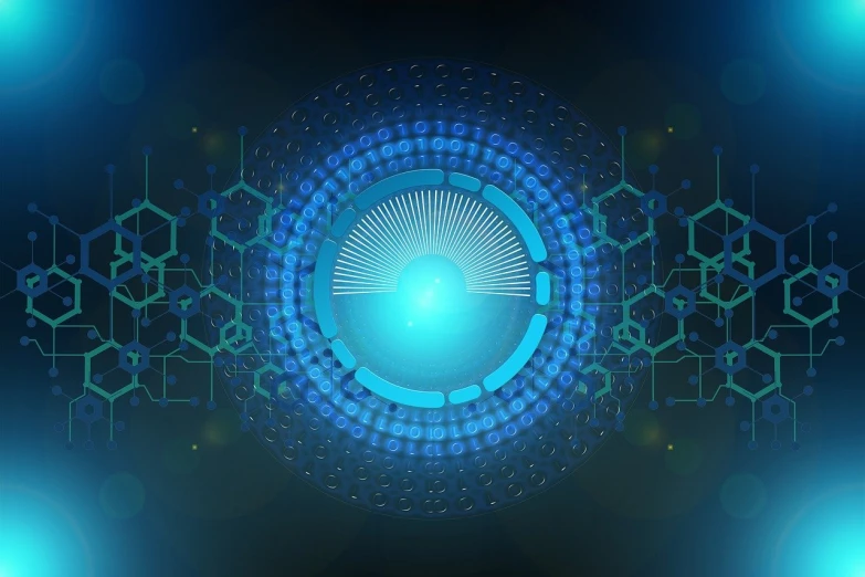 a close up of a circular object on a blue background, a hologram, shutterstock, digital art, organic transistors, nuclear background, blue cyborg, hexagon in front of the sun