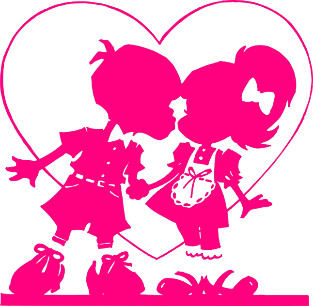 a couple of kids holding hands in front of a heart, a digital rendering, pop art, !!! very coherent!!! vector art, neon pink and black color scheme, peasant boy and girl first kiss, loli