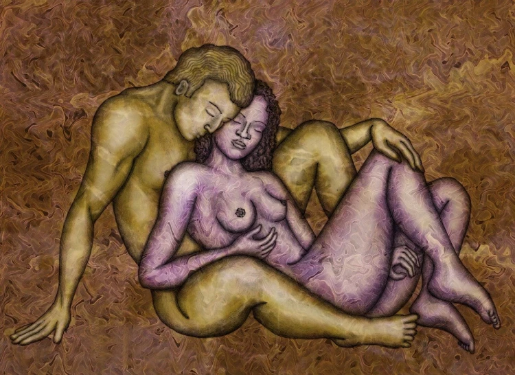 a painting of a man and a woman laying next to each other, an ultrafine detailed painting, inspired by Aristide Maillol, flickr, purple flesh, shunga style, sepia tone, 7 0 mm. digital art