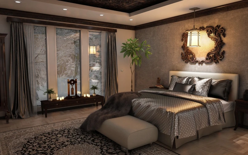 a large bed sitting in a bedroom next to a window, trending on pixabay, modernism, ornate retreat, winter setting, ray tracing lighting, textural