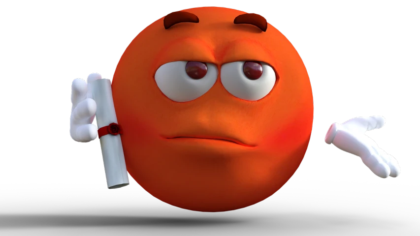 a close up of a cartoon character holding a cell phone, a picture, inspired by Heinz Anger, featured on zbrush central, sad emoji, dark orange, pixar movie screenshot, with a round face