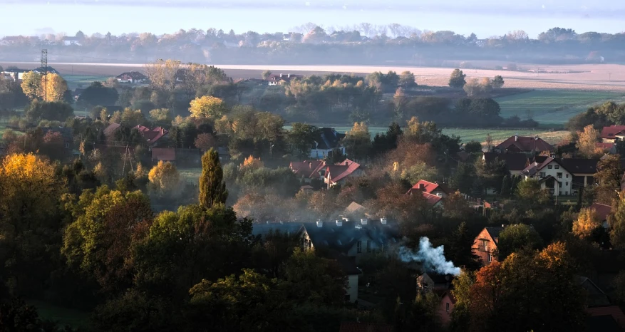 a small town surrounded by trees on a foggy day, a picture, by Werner Gutzeit, flickr, tonalism, burning village in background, soft autumn sunlight, bird\'s eye view, smoke from chimneys