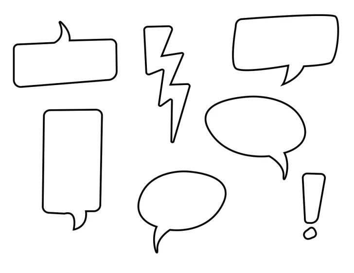 a number of speech bubbles on a white background, lineart, inspired by Masamitsu Ōta, bolts, :3, made with illustrator, basic shapes