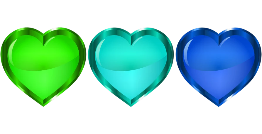 a set of three shiny hearts on a black background, by Brenda Chamberlain, trending on pixabay, blue and green color palette, chakras, glass-cast heart, cute:2