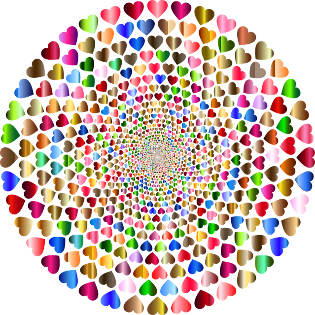 multicolored hearts arranged in a circle on a black background, a raytraced image, by Jon Coffelt, flickr, computer art, infinite fractal mandala tunnel, mc escher tessellation, !!! very coherent!!! vector art, beans