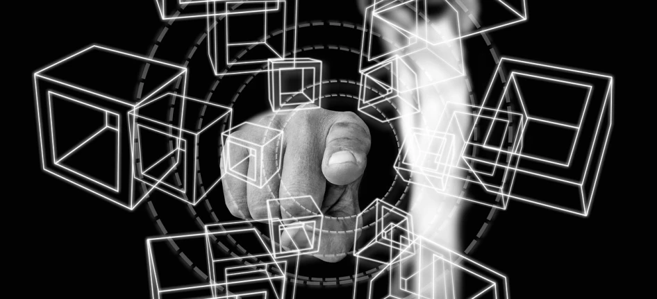 a black and white photo of a hand surrounded by cubes, a digital rendering, by Sam Black, pixabay, with pointing finger, email, holographic interface, fine line work