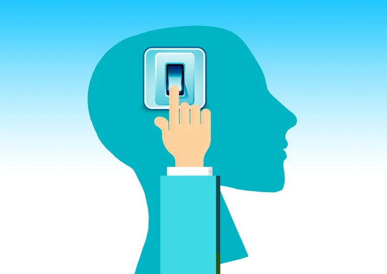 a person with a cell phone in their head, a stock photo, shutterstock, conceptual art, keyhole, flat vector graphic, switch, transplanted hand to head