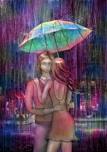 a couple kissing under an umbrella in the rain, a digital painting, mixed media style illustration, [[fantasy]], colourful drawing, an illustration