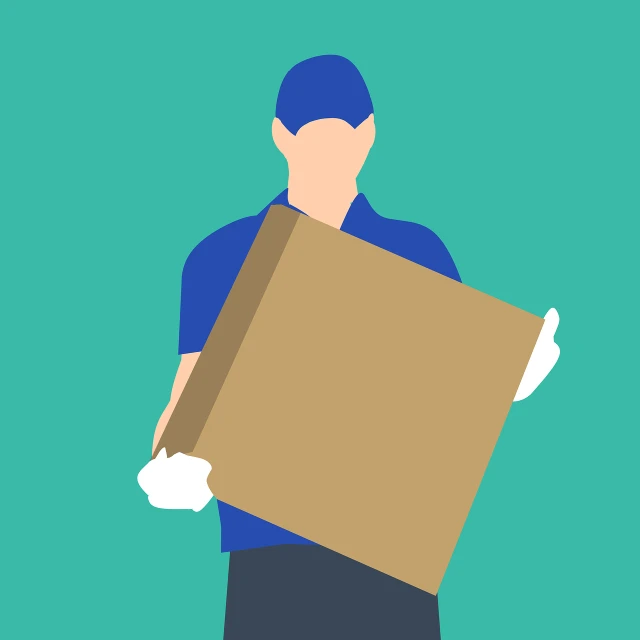 a man in a blue shirt holding a brown box, a digital rendering, pixabay, postminimalism, milkman, costume, a green, let's get dangerous