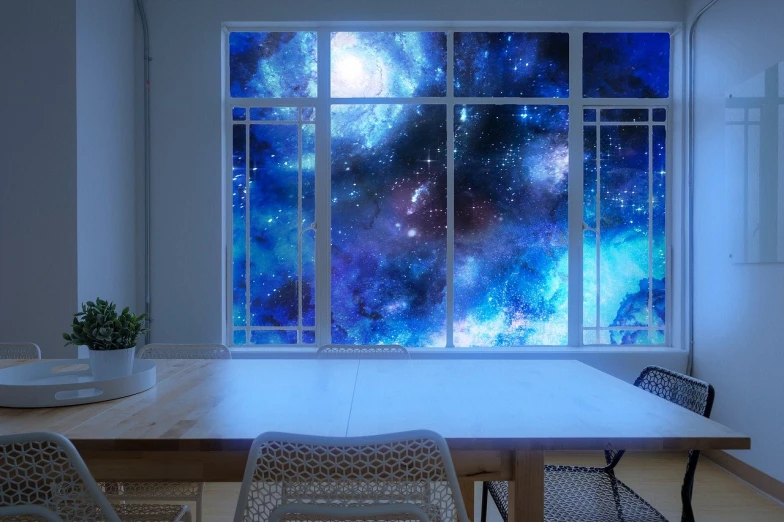 a table that is sitting in front of a window, concept art, shutterstock, light and space, galaxy color scheme, stars and paisley filled sky, opaque glass, 4 k luminous lighting