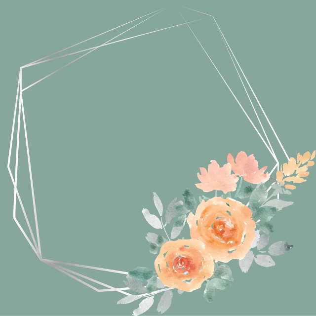 a watercolor painting of flowers on a green background, a watercolor painting, crystal cubism, minimalist logo without text, gray and orange colours, decorative frame, rose crown