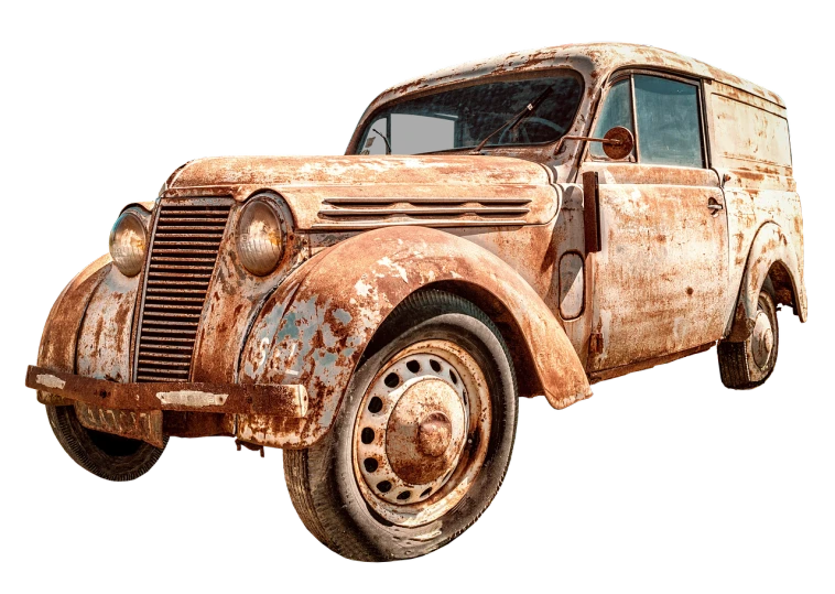 an old rusted car on a black background, a colorized photo, by Derek Hill, trending on pixabay, photorealism, hyperreal highly detailed 8 k, ocher, made from million point clouds, istock