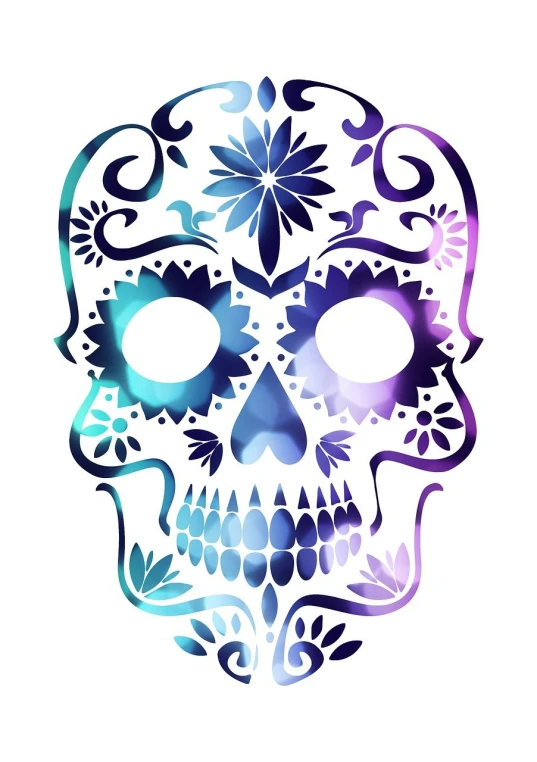 a blue and purple sugar skull on a white background, vector art, by Whitney Sherman, shutterstock, vanitas, background image, tie-dye, stylized silhouette, glowing white face