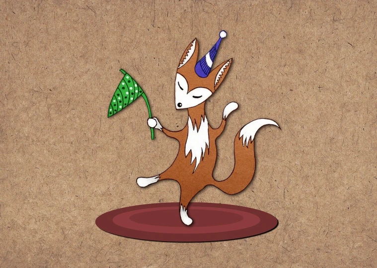 a cartoon fox with a party hat and a green umbrella, concept art, dancer, card game illustration, cut out of cardboard, fleurfurr