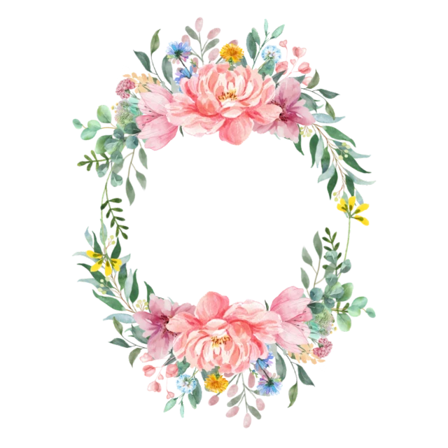 a wreath of flowers on a black background, a digital rendering, shutterstock, baroque, cactus and flowers, peony flower, central circular composition, very cute