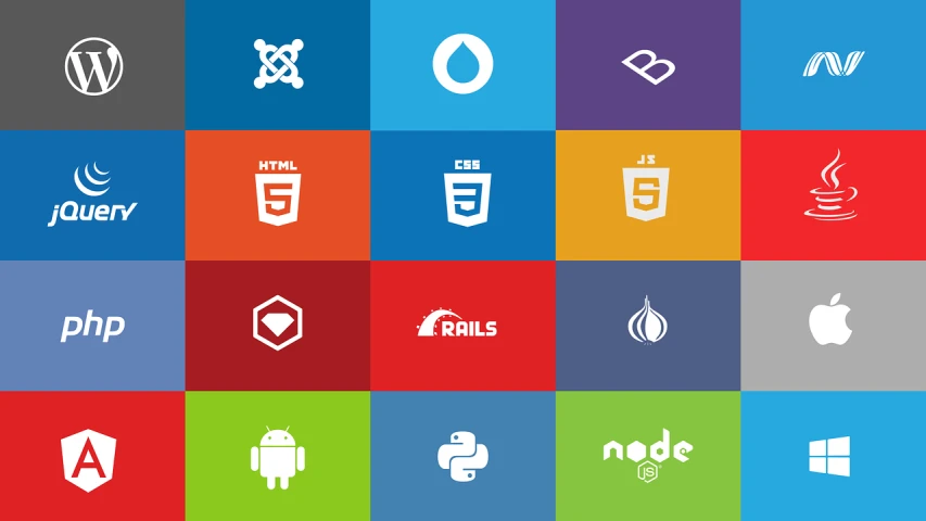a bunch of different logos on a colorful background, by Paul Bird, javascript enabled, infrastructure, professional vector graphic, flat image