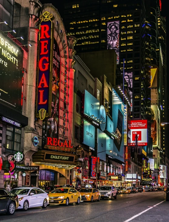 a city street filled with lots of traffic next to tall buildings, a picture, by Douglas Shuler, pexels, some have neon signs, regal pose, new york buildings, regal fast food joint