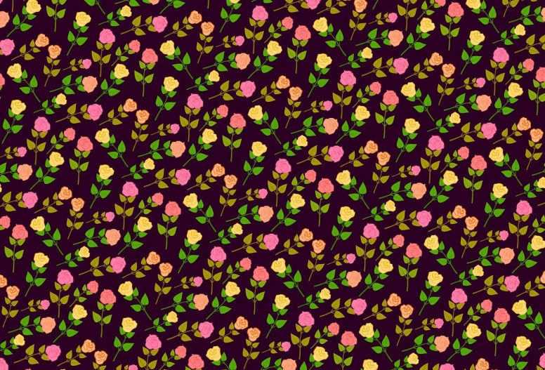 a pattern of flowers and leaves on a dark background, inspired by Rose Henriques, background image, tileable, purple and yellow, pink rose