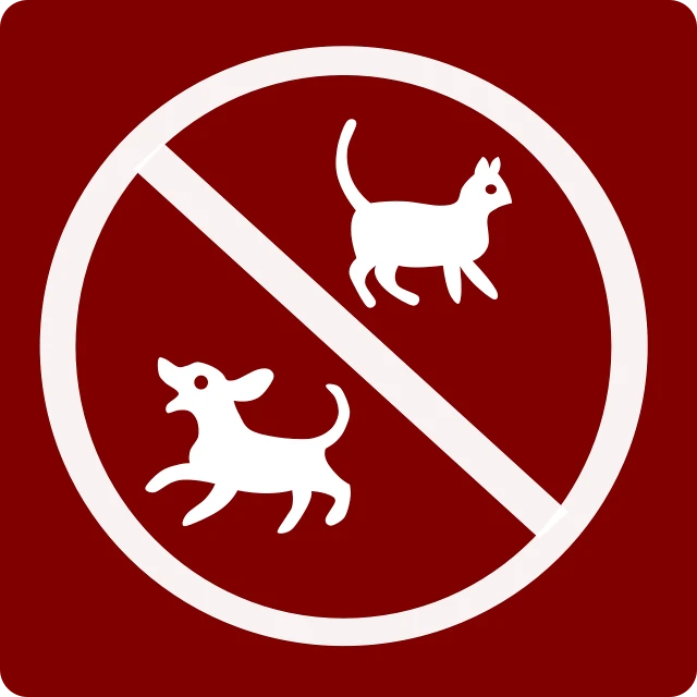a no dogs allowed sign on a red background, sōsaku hanga, 2 animals, chihuahua, pictogram, city park