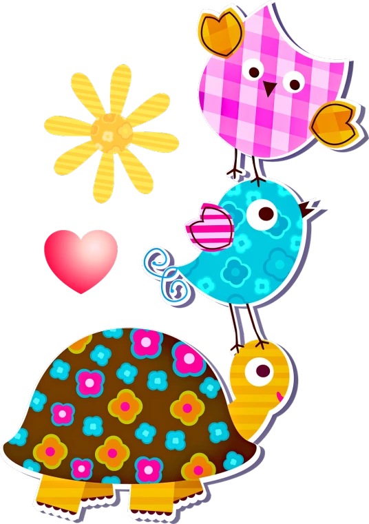 a couple of birds sitting on top of a turtle, vector art, by Miroslava Sviridova, trending on pixabay, toyism, hearts, bright on black, 😃😀😄☺🙃😉😗, three birds flying around it