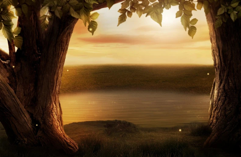 a couple of trees sitting on top of a lush green field, a picture, inspired by Gediminas Pranckevicius, digital art, detailed lake in background, dark golden light night, mobile wallpaper, under the soft shadow of a tree