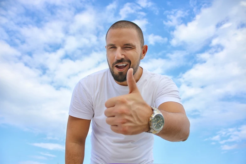 a man in a white shirt giving a thumbs up, a stock photo, by Alexander Fedosav, figuration libre, wears a watch, nice weather, bald with short beard, high quality fantasy stock photo