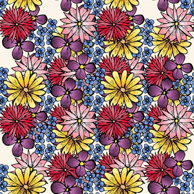 a bunch of colorful flowers on a white background, a digital rendering, inspired by Flora Macdonald Reid, flickr, versace pattern, pen and ink style, wide screenshot, verbena