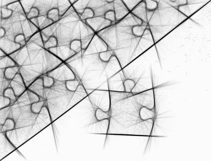 a black and white photo of a piece of art, inspired by Lorentz Frölich, generative art, fractal arrows, white background, puzzle, tracks of barbed wire