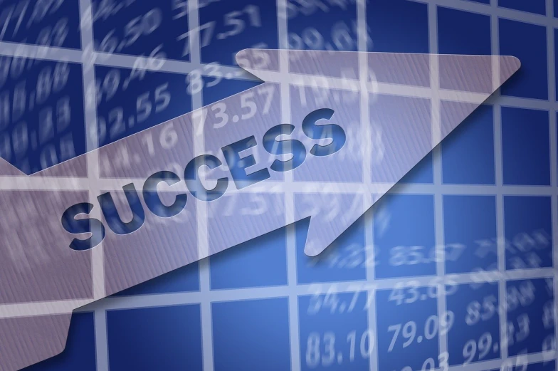 a close up of an arrow with the word success on it, by Julian Allen, pixabay, displaying stock charts, blue checkerboard background, group photo, stock photo