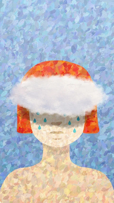 a painting of a woman wearing a red hat, a digital painting, by Kamisaka Sekka, pixiv, naive art, melting clouds, frozen tear, istock, white fluffy cloud