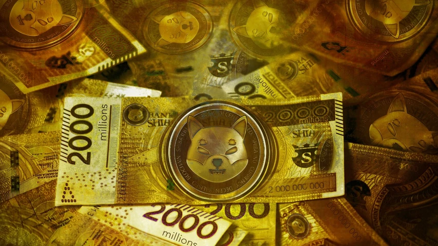 a bunch of money sitting on top of a table, a digital rendering, inspired by Shiba Kōkan, art deco, goldenwolf, middle close up shot, 20k, doge