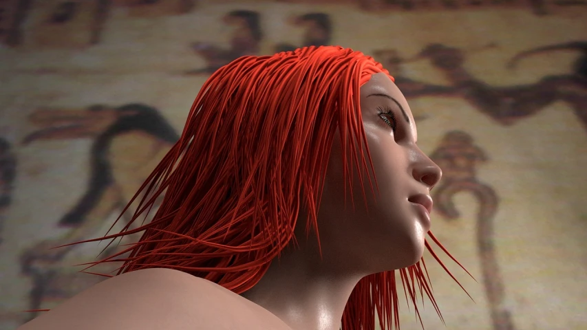 a close up of a woman with red hair, a raytraced image, inspired by Aleksander Gine, phoenix head, great volumetric lighting, head in profile, wet flowing hair