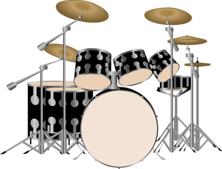 a drum kit on a black background, a digital rendering, by David B. Mattingly, pixabay, cartoonish vector style, white gold black, drum pads, custom