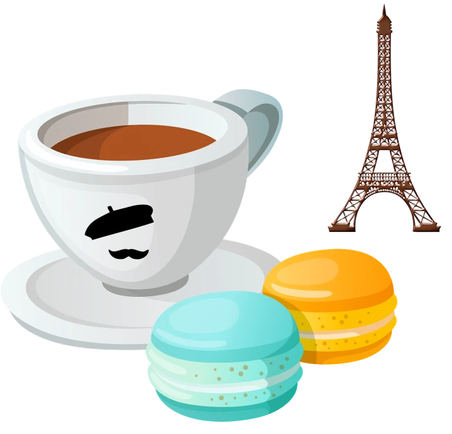 a cup of coffee and macaroons with the eiffel tower in the background, a digital rendering, inspired by François Louis Thomas Francia, pop art, on a flat color black background, game icon asset, sticker illustration, beans